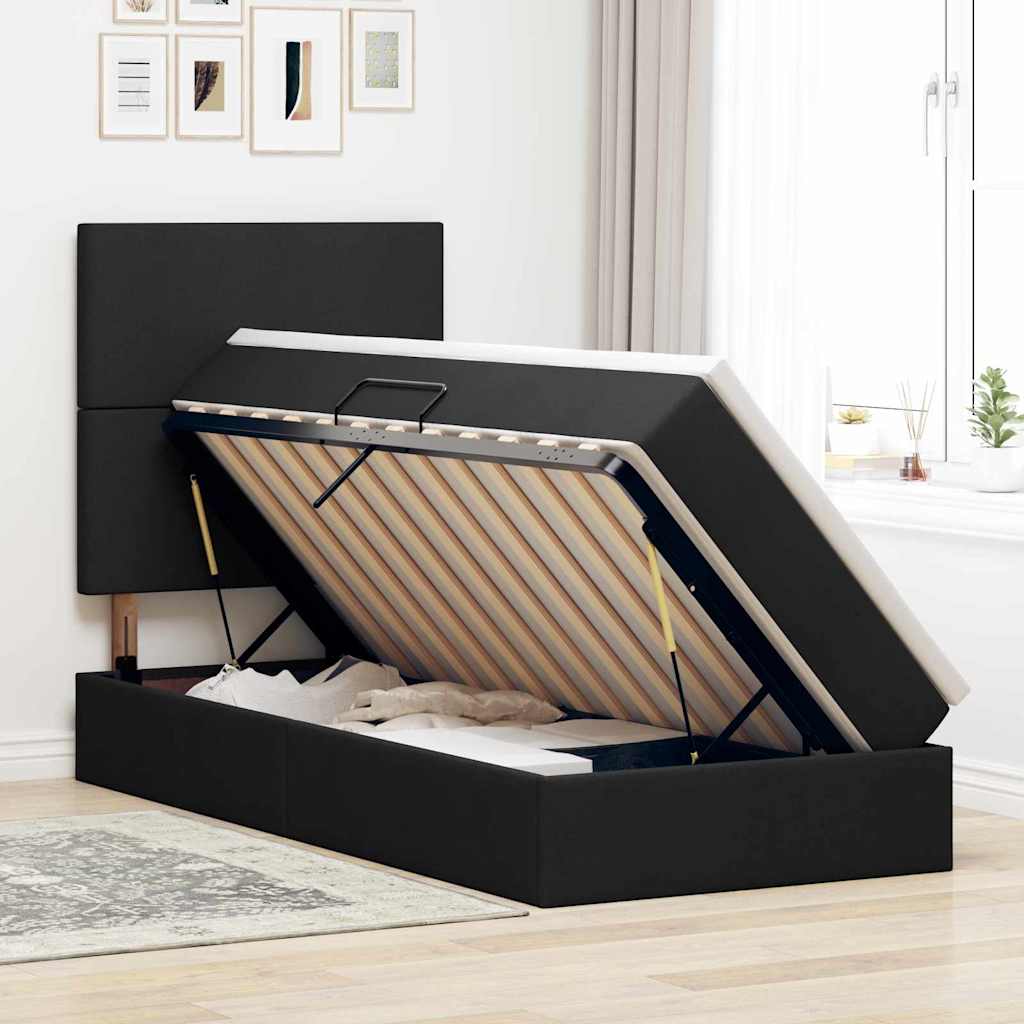 Pat cu saltea și spațiu de depozitare Negru 100 x 200 cm