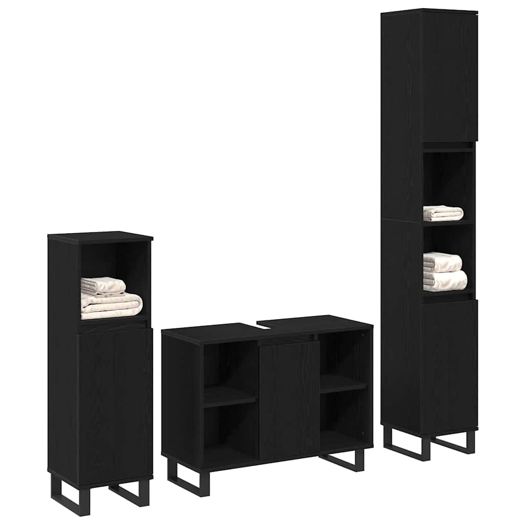 Set de mobilier pentru baie cu ușă 3 pcs Negru Lemn compozit
