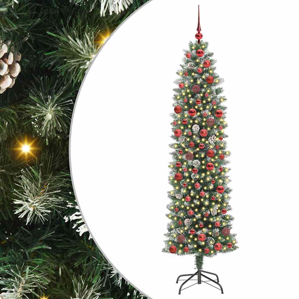 Copac Artificial Slăb de Crăciun cu 300 LED Verde și alb 180 cm