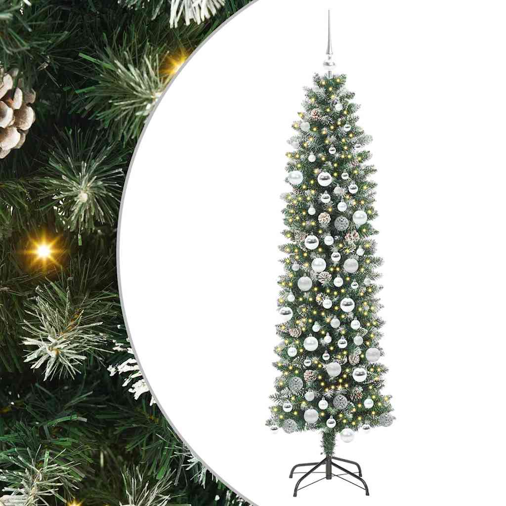 Copac Artificial Slăb de Crăciun cu 300 LED Verde și alb 180 cm