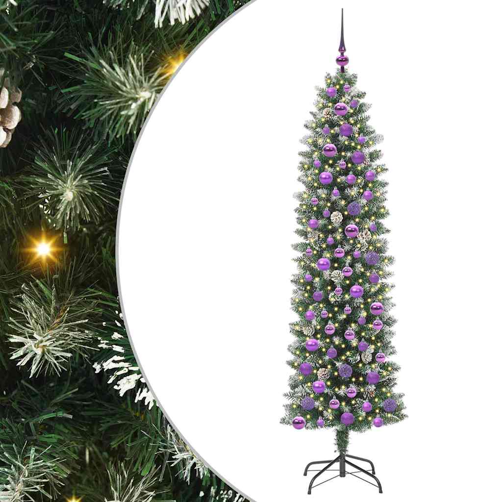 Copac Artificial Slăb de Crăciun cu 300 LED Verde și alb 180 cm