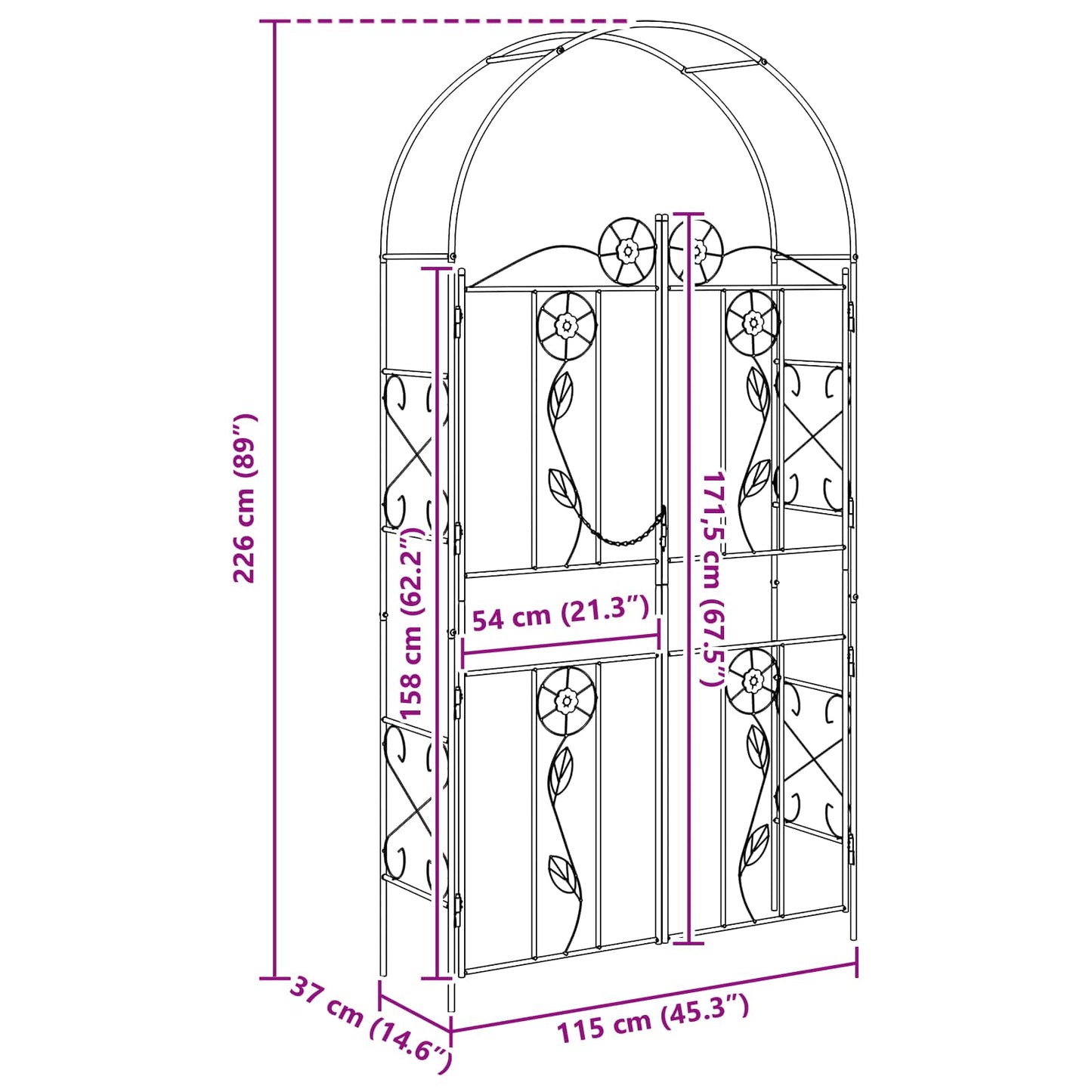 Arc de Grădină Simplu Negru 115 x 37 x 226 cm