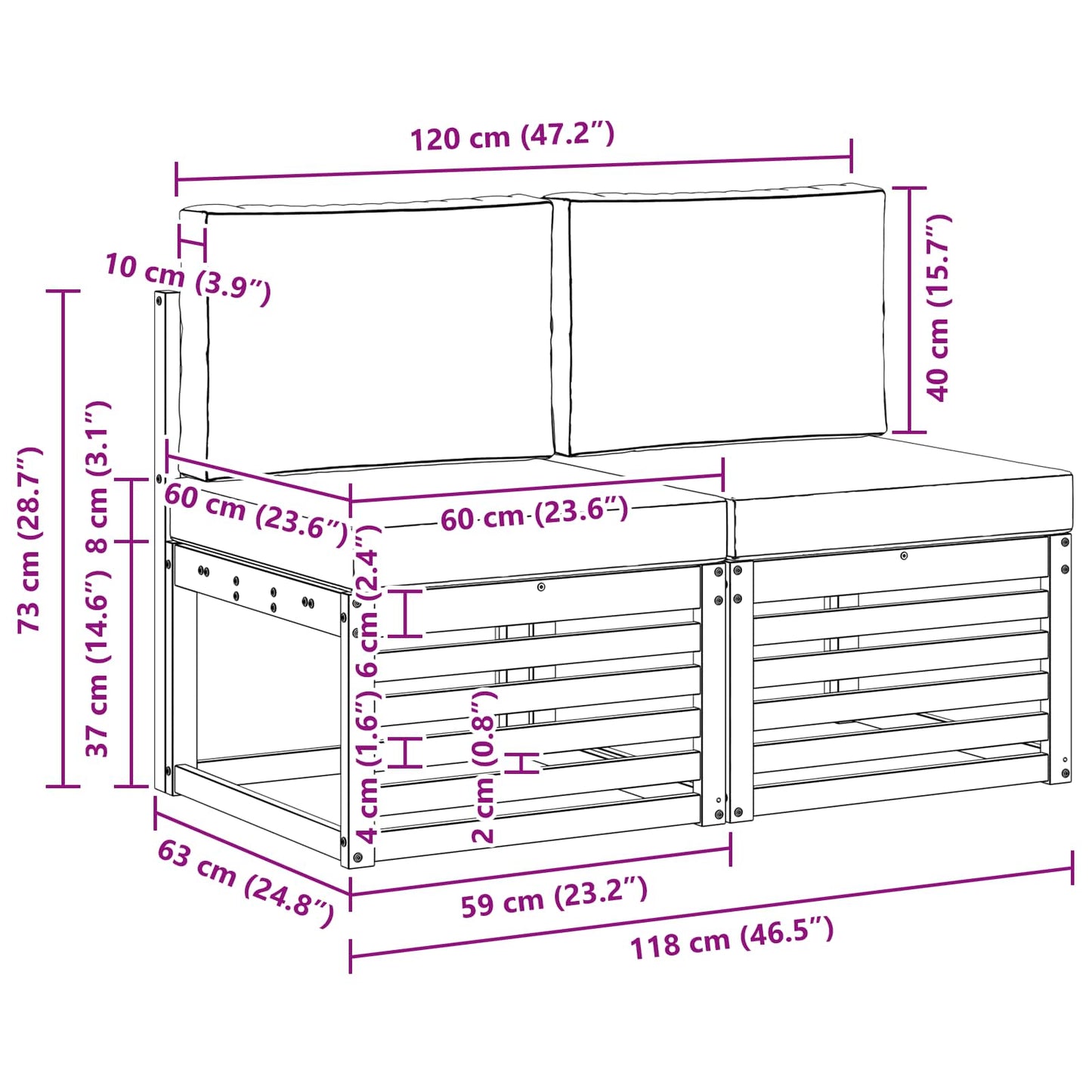 2 Bucată Canapea Medie pentru Exterior Lemn Solid de Acacia