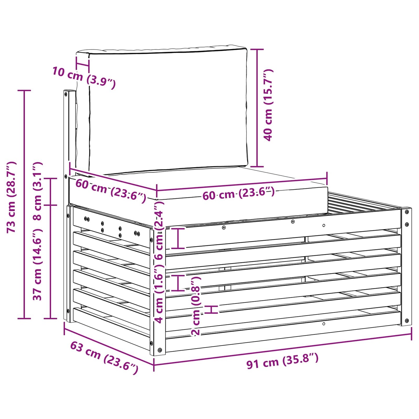 Canapea de exterior cu braț final natural 91 x 63 x 73 cm