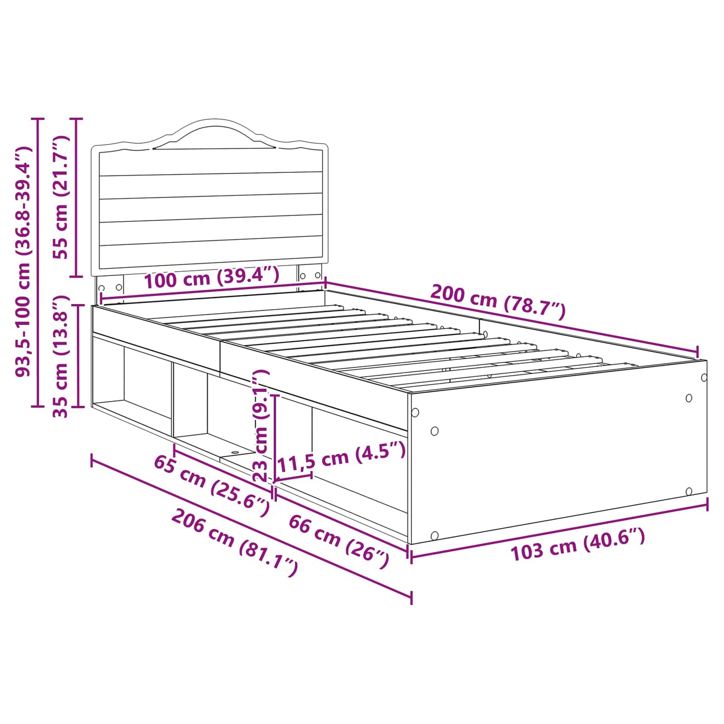 Cadru de pat Gri Concret 100 x 200 cm Lemn de pin masiv