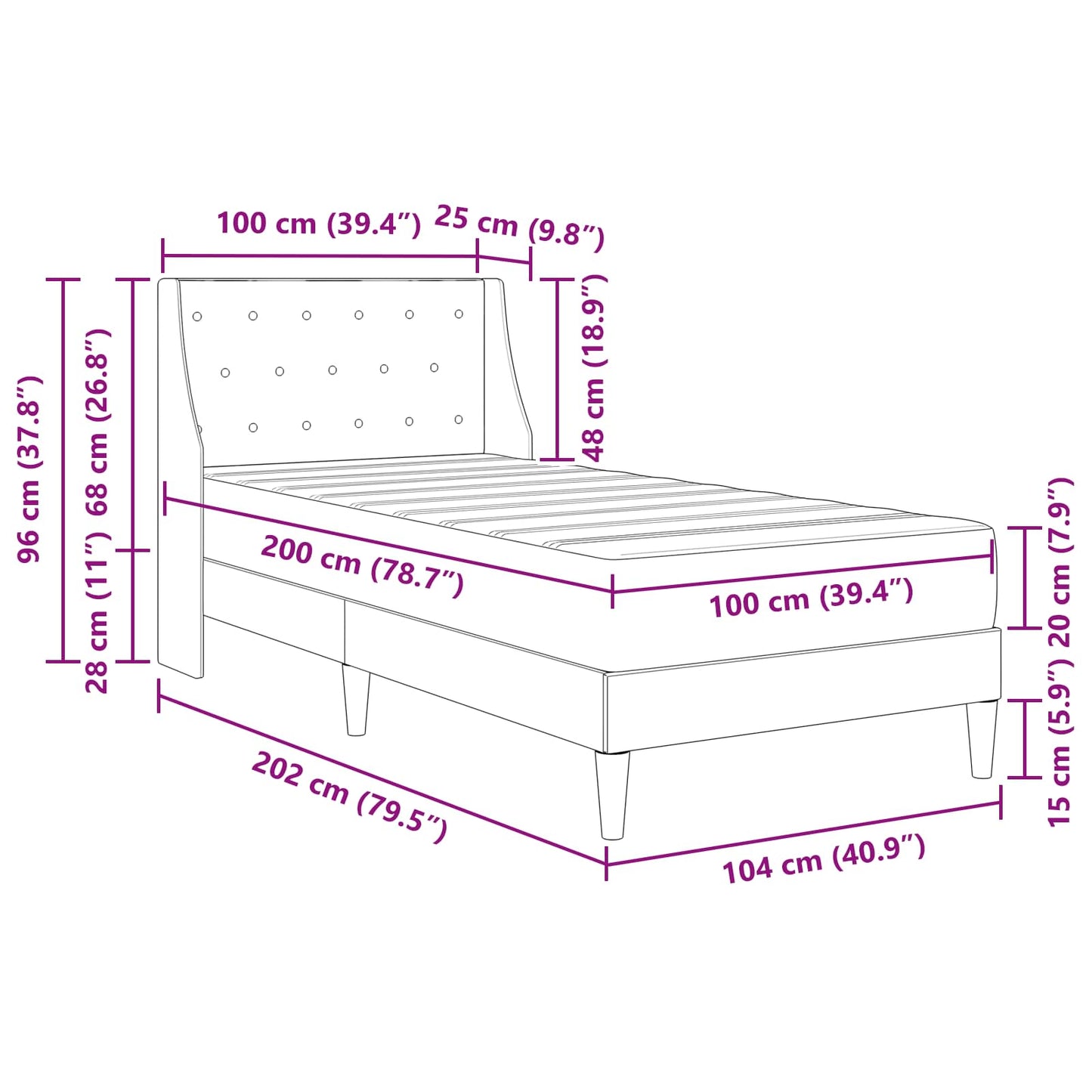Cadru de pat cu saltea Gri închis 100 x 200 cm Catifea
