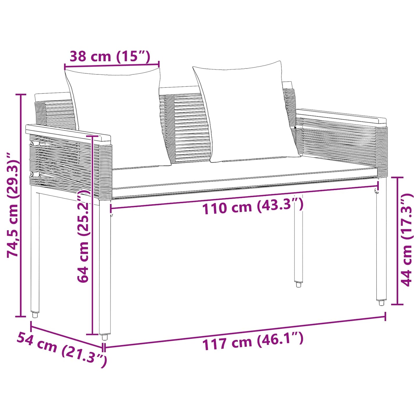 Bancă de exterior cu pernă Negru și Alb crem 117 x 54 x 74.5 cm