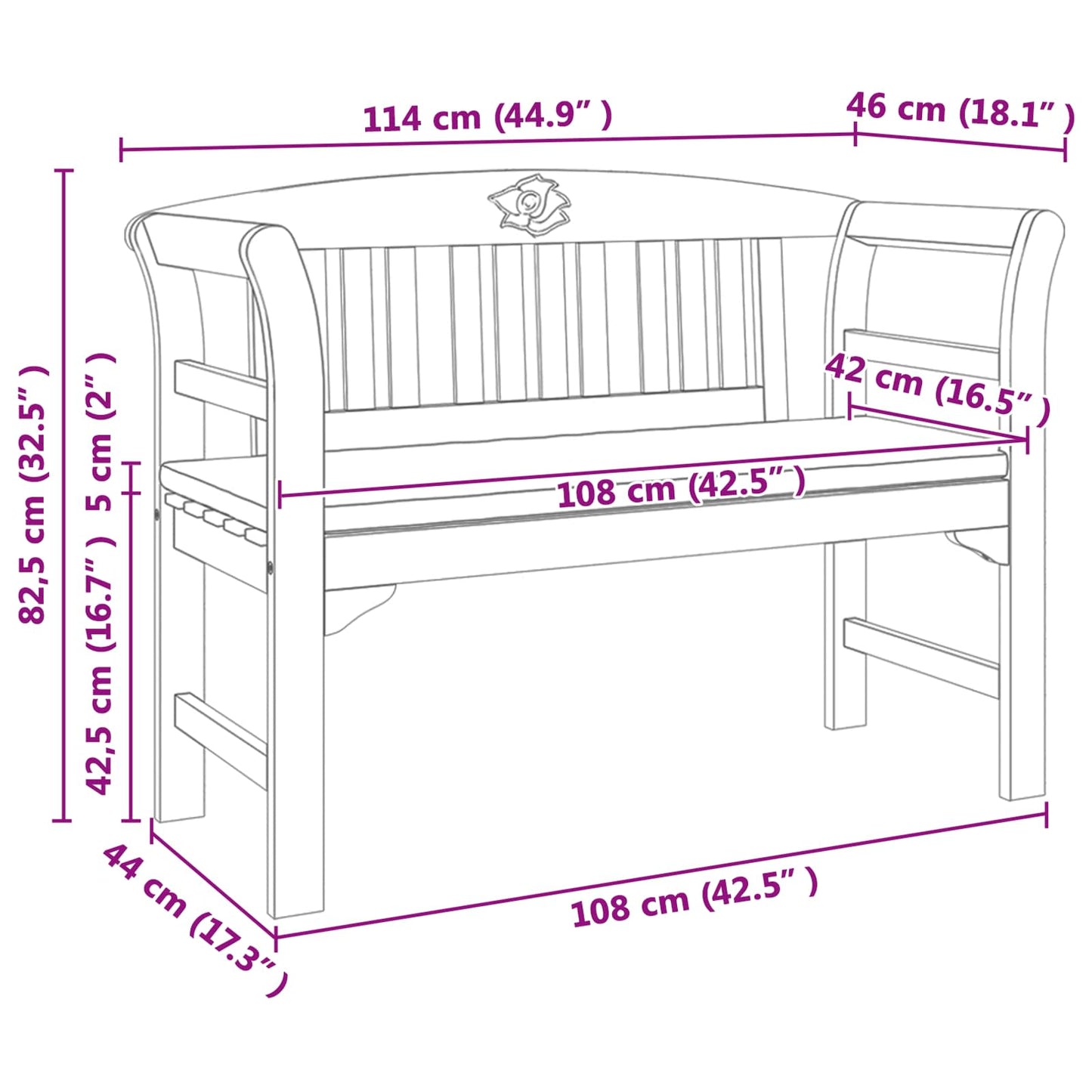 Bancă de trandafir cu pernă Natural 114 x 46 x 82,5 cm