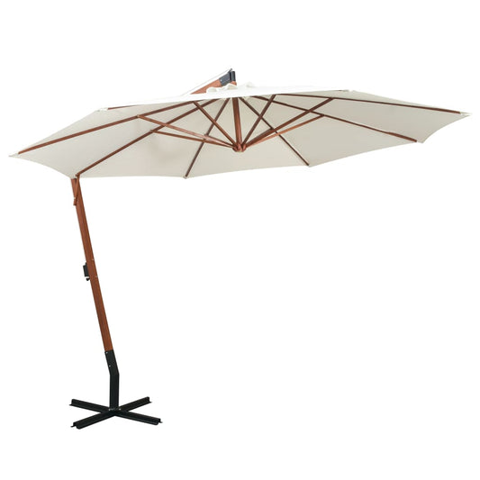 Umbrelă de soare suspendată cu stâlp de lemn, 350 cm, alb