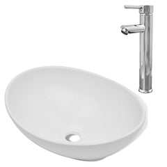 Chiuvetă de baie cu robinet mixer, ceramică, oval, alb