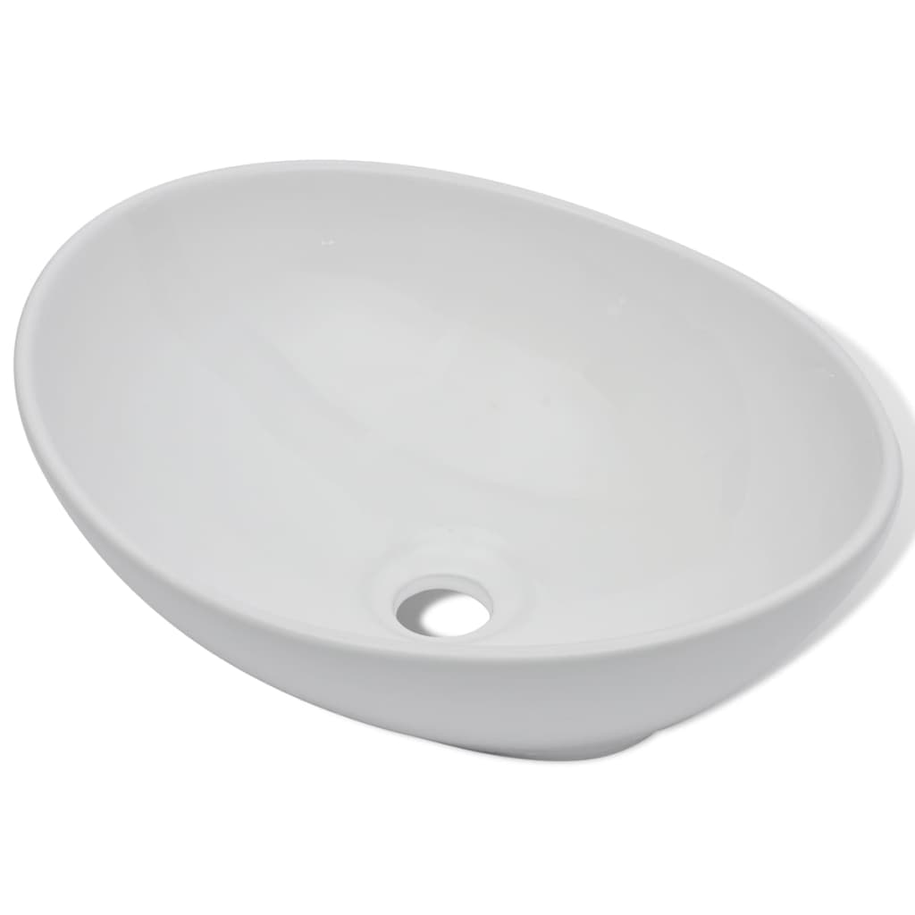 Chiuvetă de baie cu robinet mixer, ceramică, oval, alb