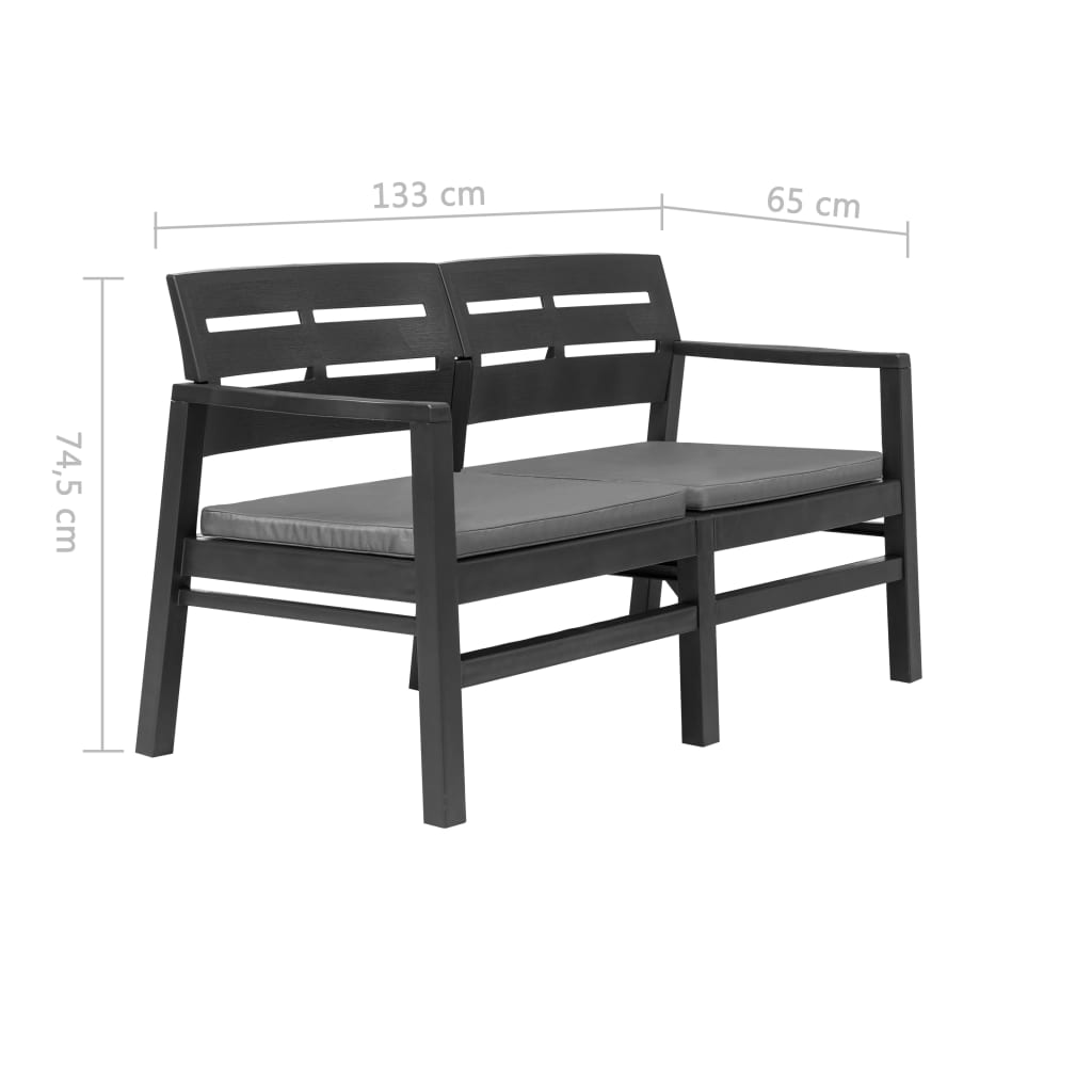 Bancă de grădină cu 2 locuri, perne, antracit, 133 cm, plastic