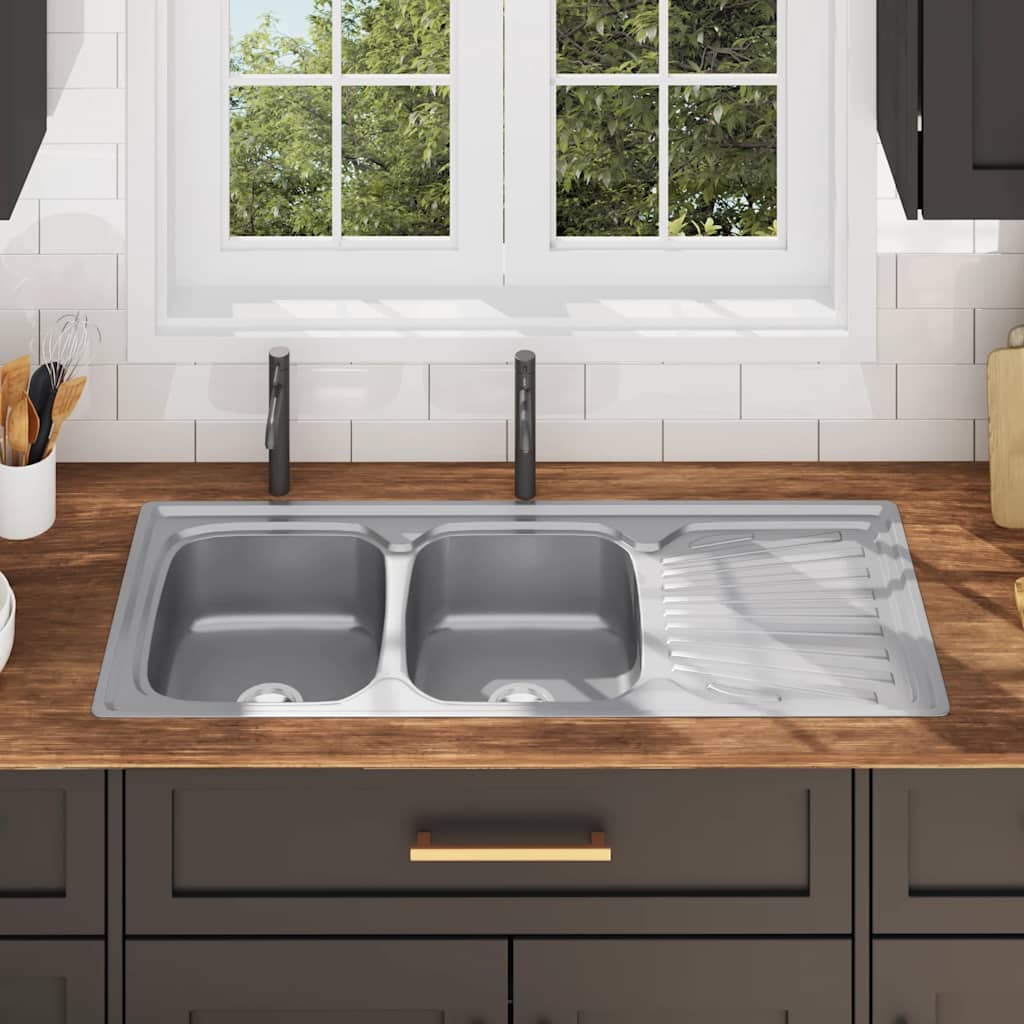 Chiuvetă de bucătărie dublă cu sită și sifon, oțel inoxidabil