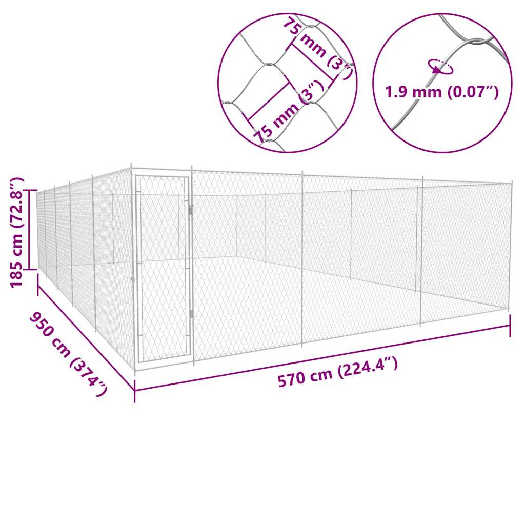 Padoc pentru câini de exterior, 950x570x185 cm, oțel galvanizat