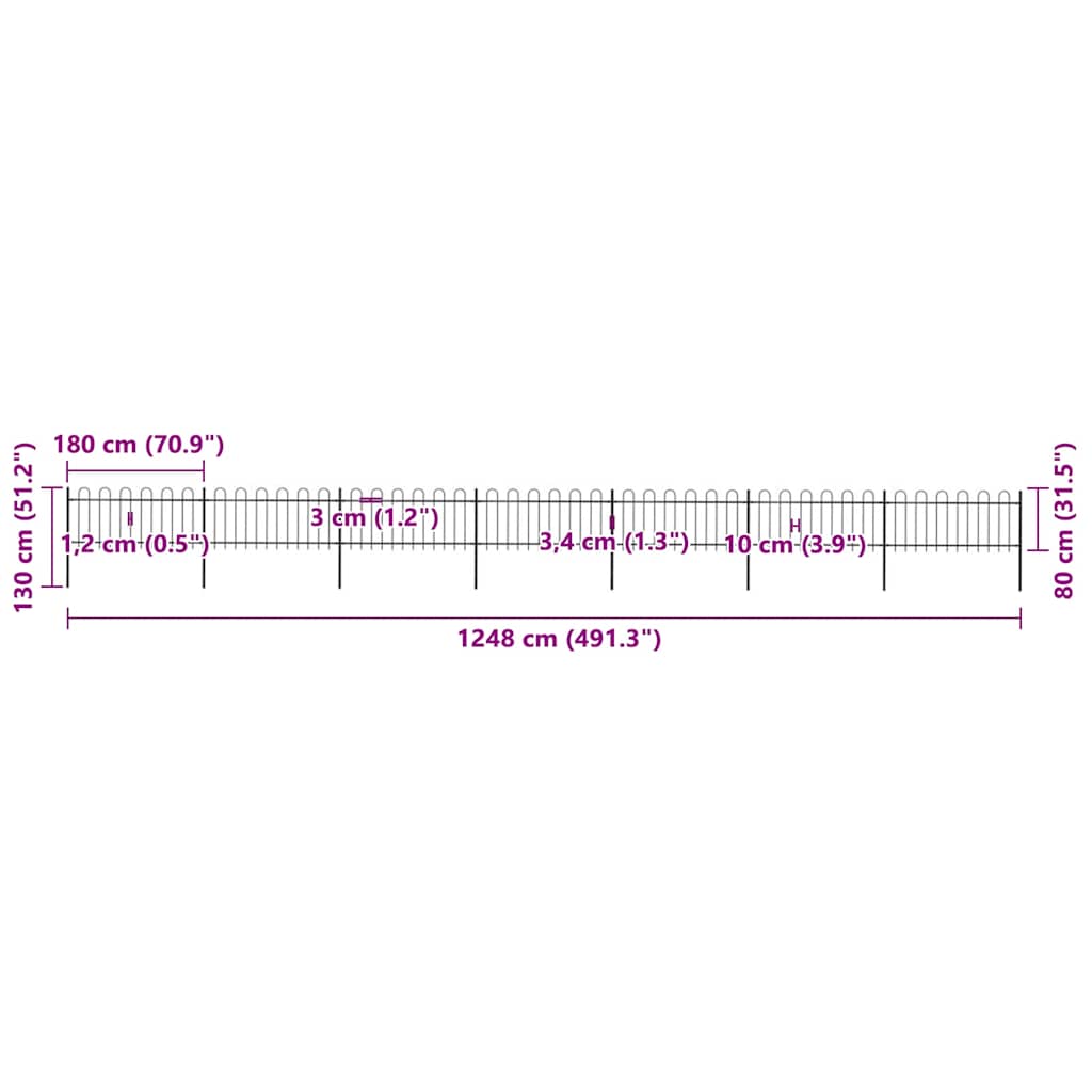 Gard de grădină cu vârf circular din oțel, 1248 x 80 cm, negru