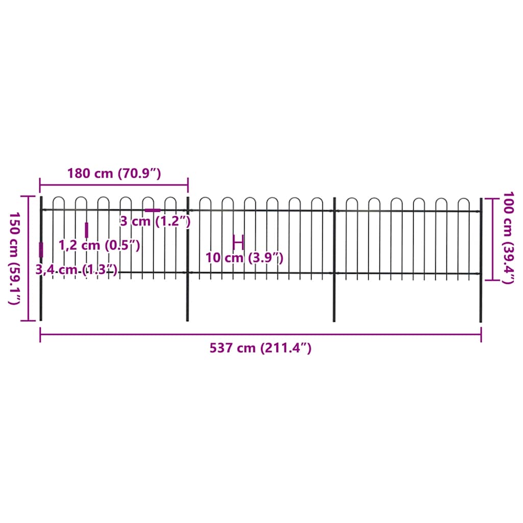 Gard de grădină cu vârf circular din oțel, 537x100 cm, negru
