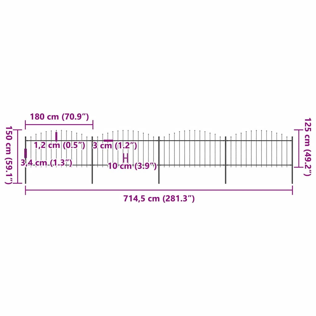 Gard de grădină cu vârf tip suliță din oțel 714,5x150 cm, negru