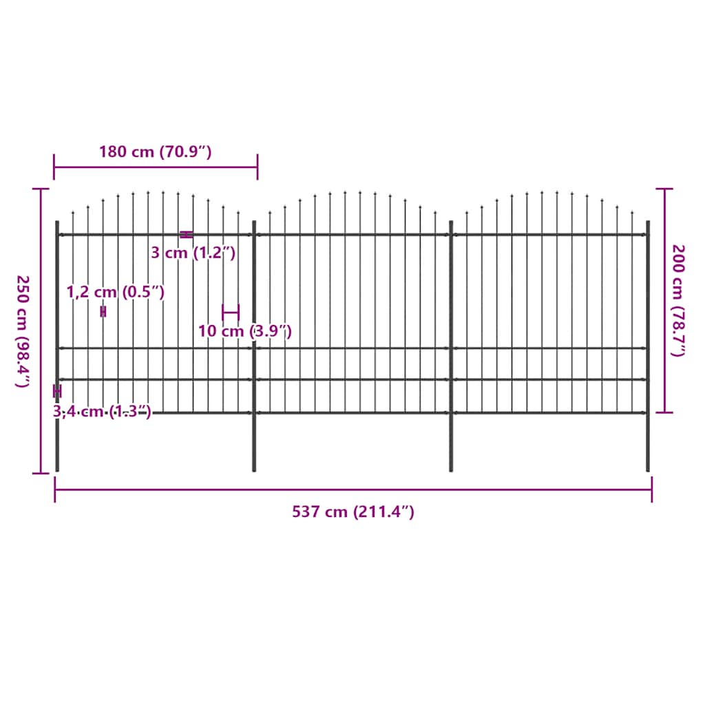 Gard de grădină cu vârf tip suliță din oțel 537x200 cm, negru
