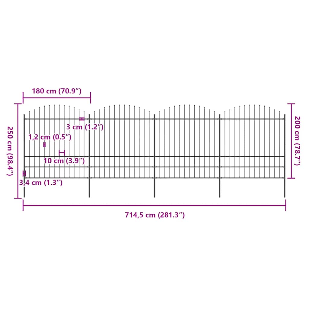 Gard de grădină cu vârf tip suliță din oțel 714,5x200 cm, negru