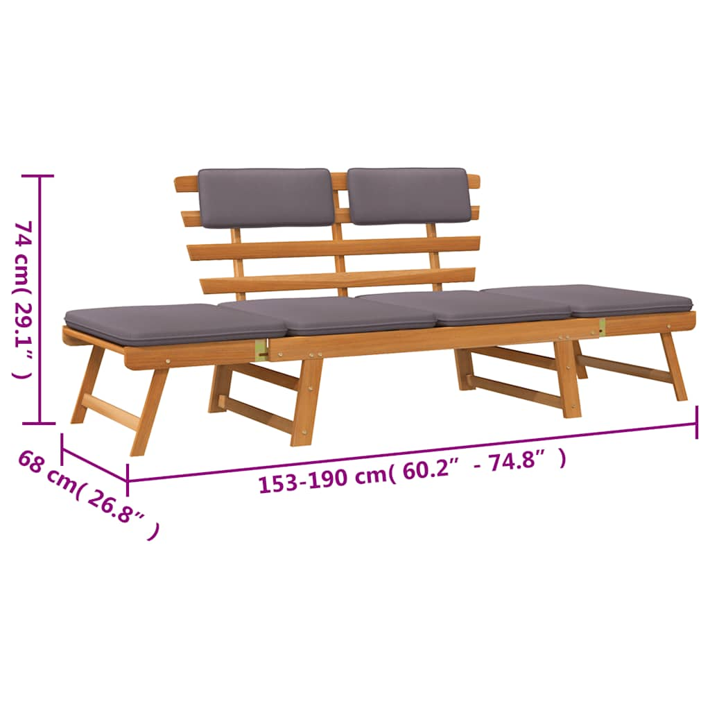 Bancă de grădină cu perne 2-în-1, 190 cm, lemn masiv de acacia