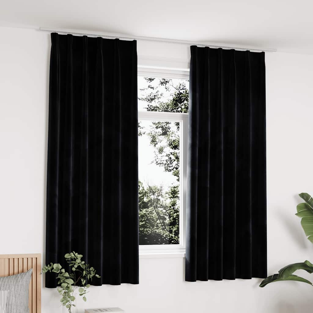 Draperii opace cu cârlige, 2 buc., negru, 140x175 cm, catifea