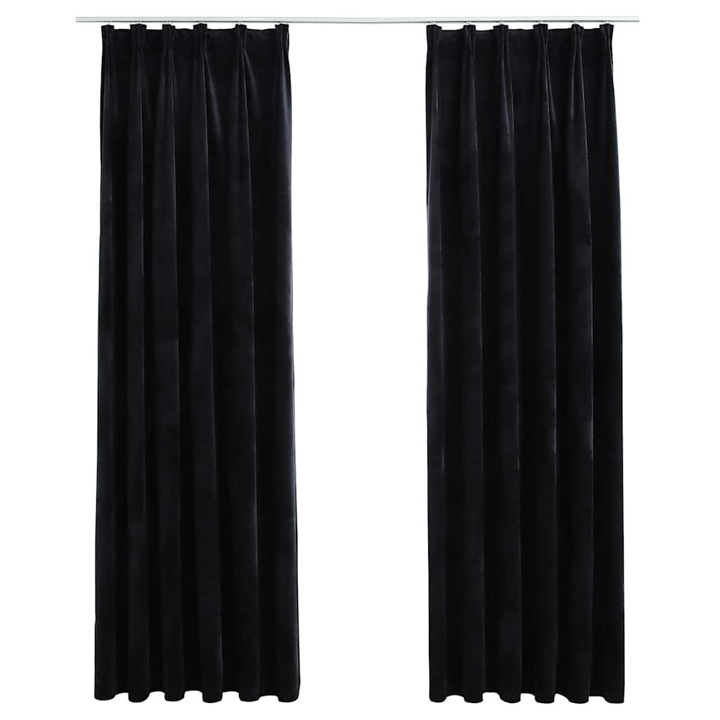 Draperii opace, 2 buc., negru, 140x225 cm, catifea, cu cârlige