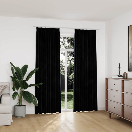 Draperii opace, 2 buc., negru, 140x225 cm, catifea, cu cârlige