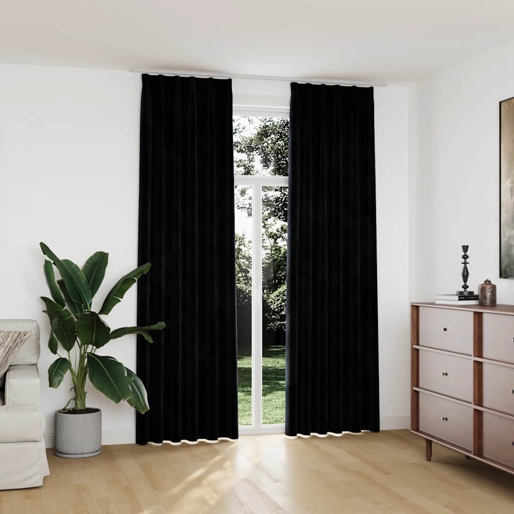 Draperii opace cu cârlige, 2 buc., negru, 140x245 cm, catifea