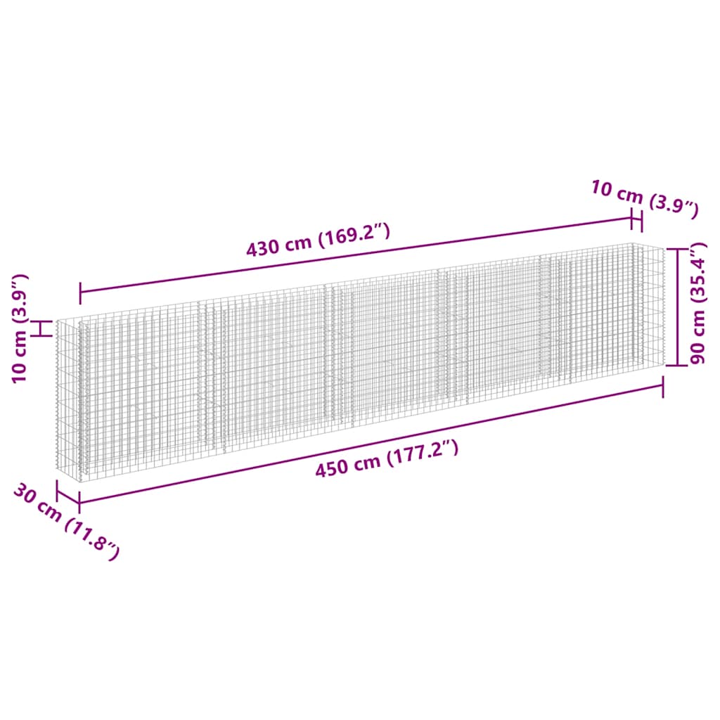 Strat înălțat gabion, 450 x 30 x 90 cm, oțel inoxidabil