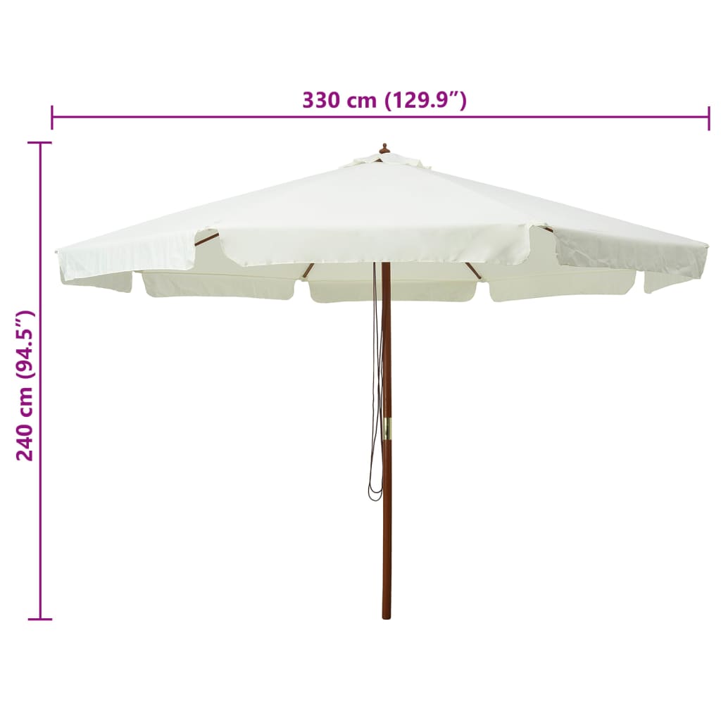 Umbrelă soare de exterior, stâlp din lemn, alb nisipiu, 330 cm