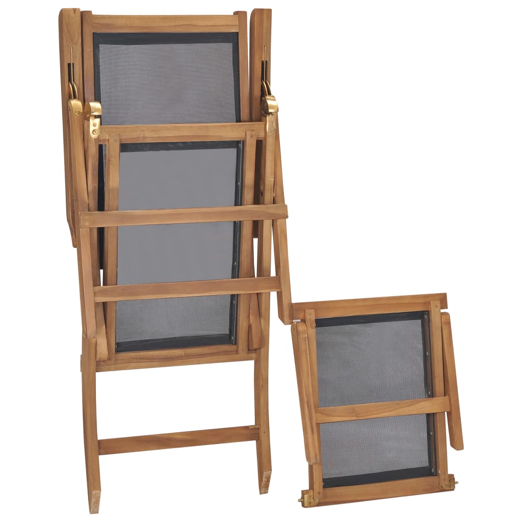 Șezlong cu suport de picioare, negru, lemn masiv de tec