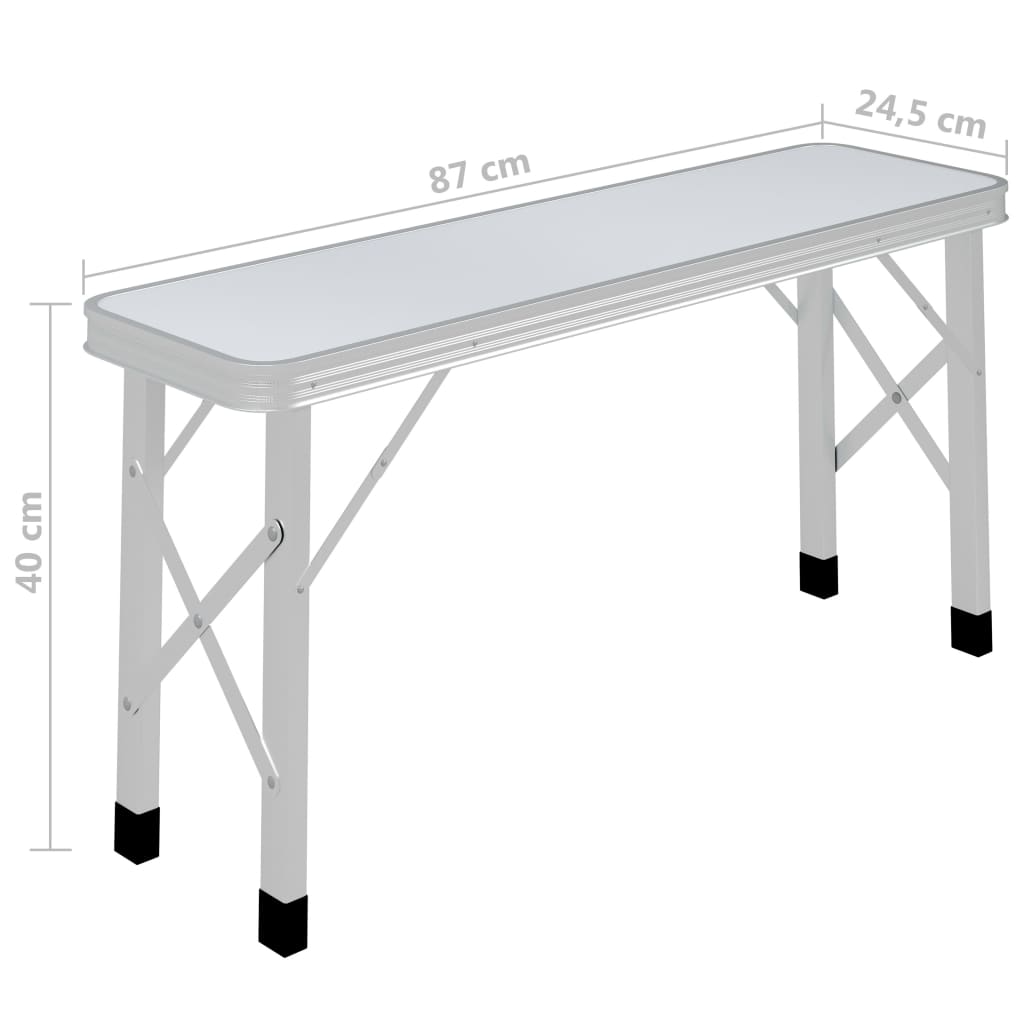 Masă de camping pliabilă cu 2 bănci, alb, aluminiu