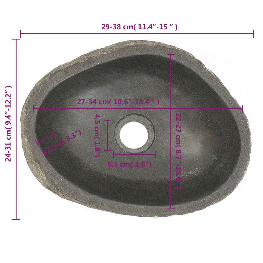 Chiuvetă din piatră de râu, (29-38)x(24-31) cm, oval