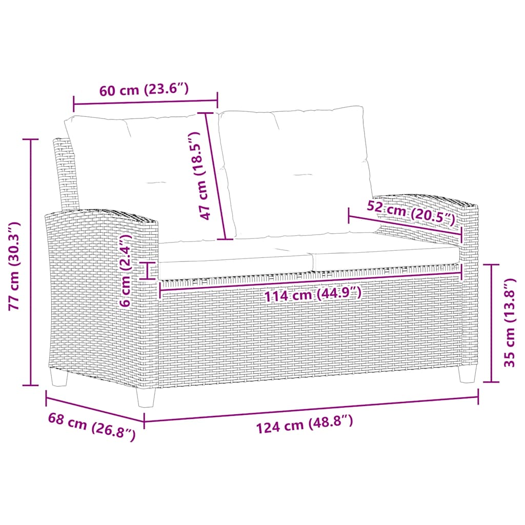 Canapea de grădină cu 2 locuri cu perne, negru, 124 cm, poliratan