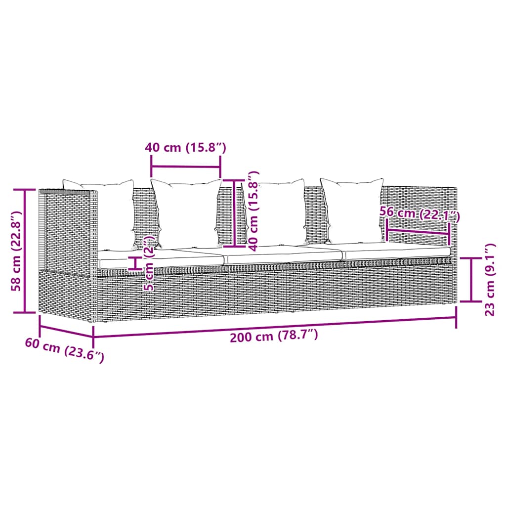 Pat șezlong de exterior cu perne, negru, poliratan