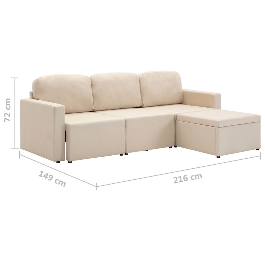 Canapea extensibilă modulară cu 3 locuri, crem, material textil