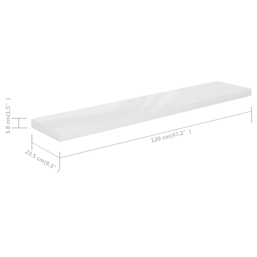 Rafturi de perete, 2 buc., alb extralucios, 120x23,5x3,8 cm MDF