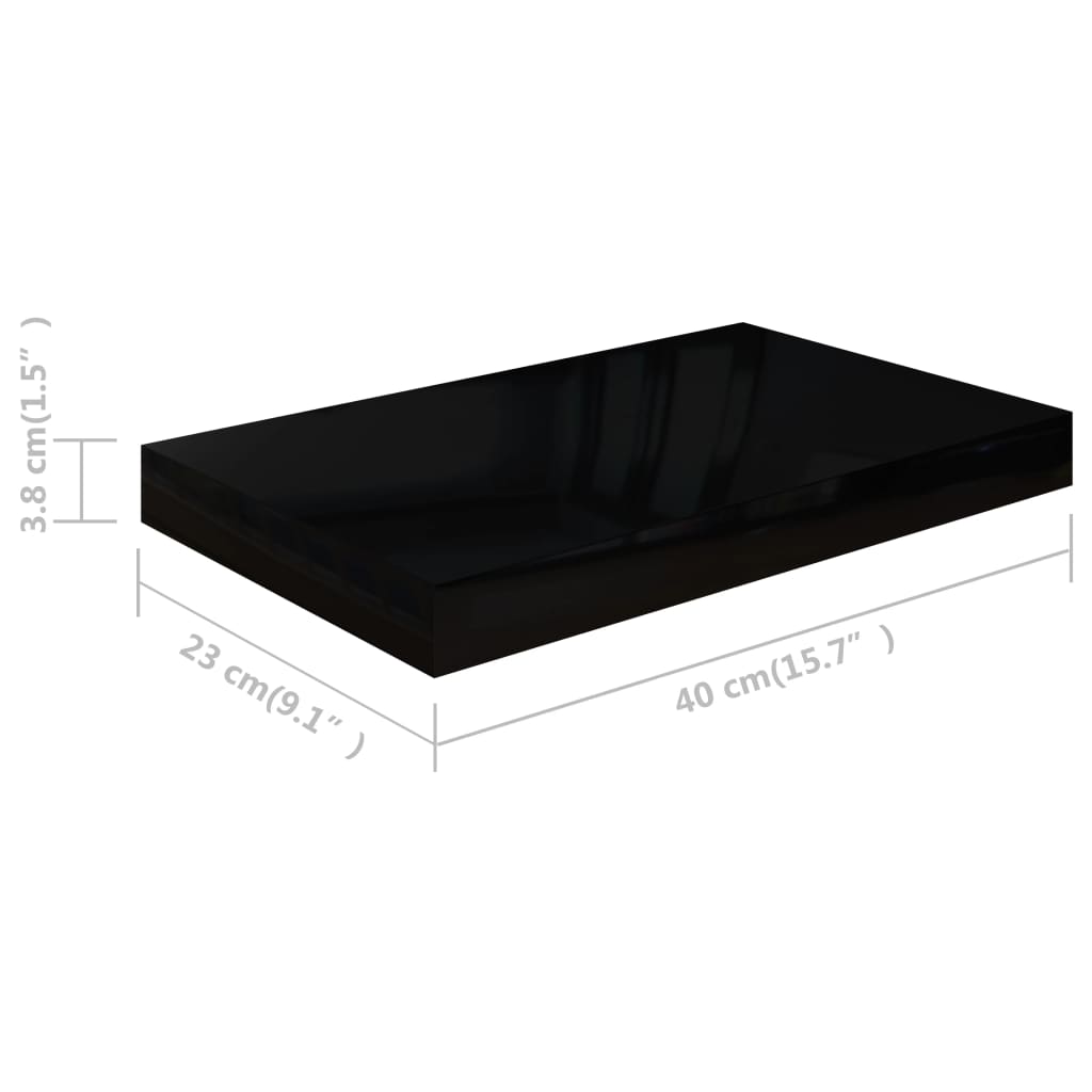 Rafturi de perete, 2 buc., negru extralucios, 40x23x3,8 cm, MDF