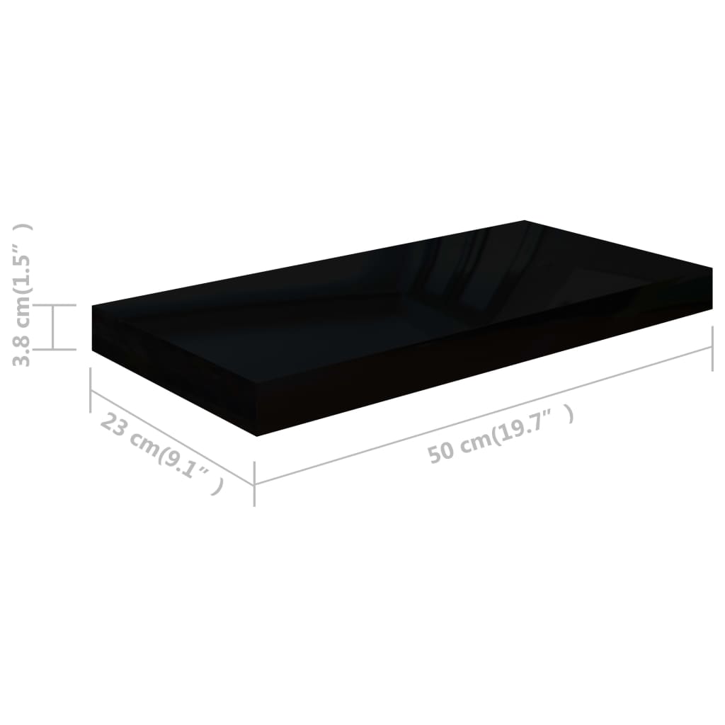 Raft de perete suspendat, negru extralucios, 50x23x3,8 cm, MDF