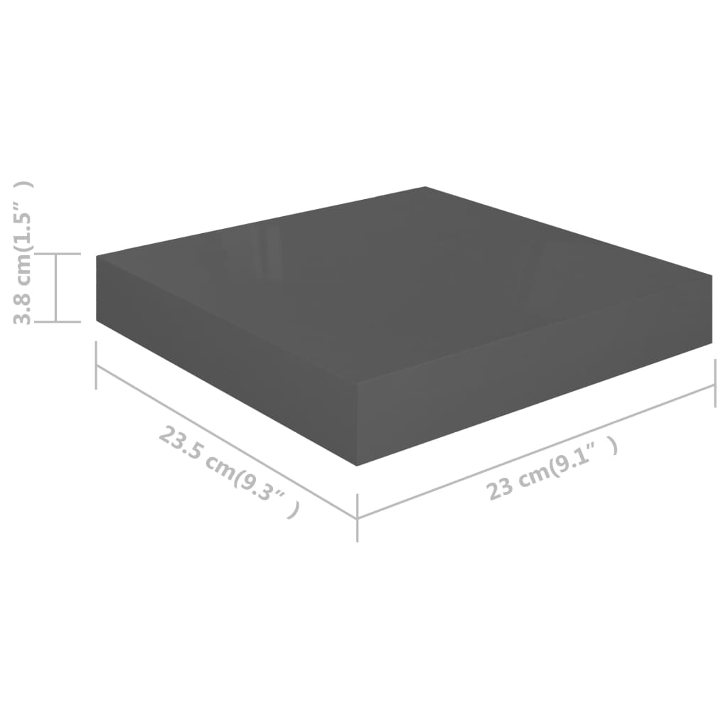 Rafturi de perete, 4 buc., gri extralucios, 23x23,5x3,8 cm, MDF