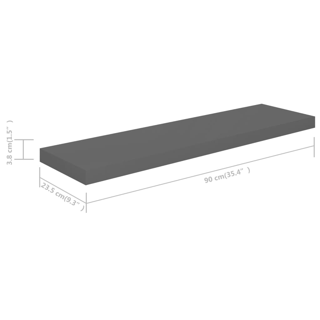 Rafturi de perete, 2 buc., gri extralucios, 90x23,5x3,8 cm, MDF