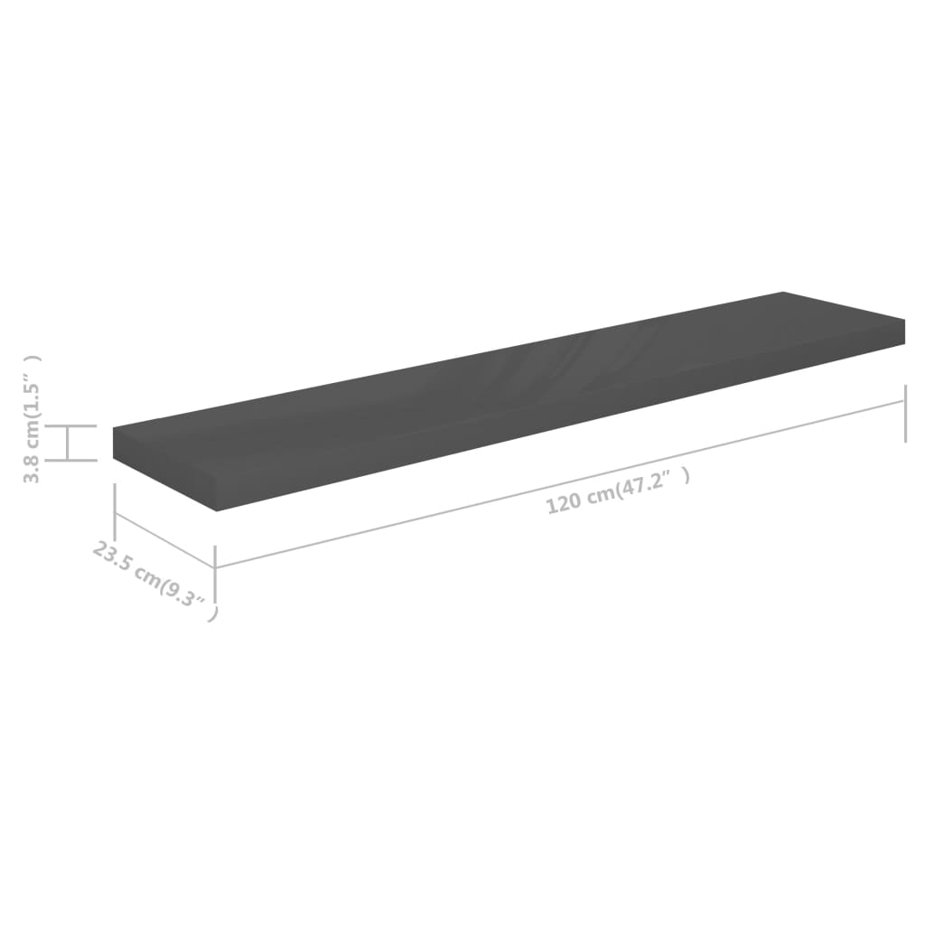 Rafturi de perete, 4 buc., gri extralucios, 120x23,5x3,8 cm MDF