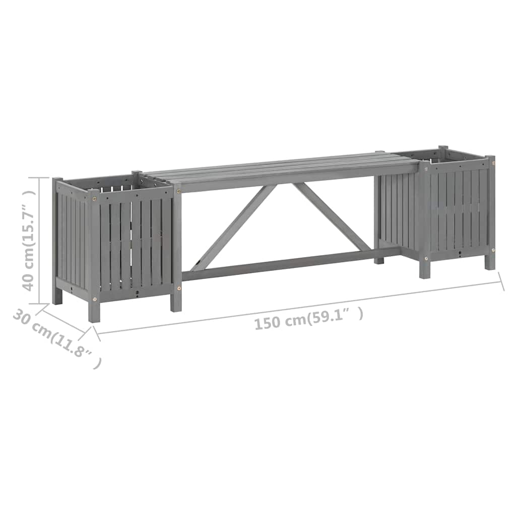 Bancă de grădină cu 2 jardiniere, 150 cm, gri, lemn de acacia