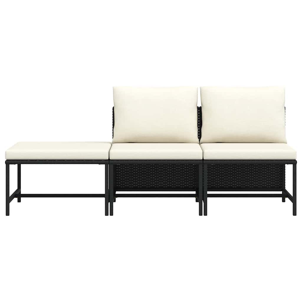 Set mobilier de grădină cu perne, 3 piese, negru, poliratan