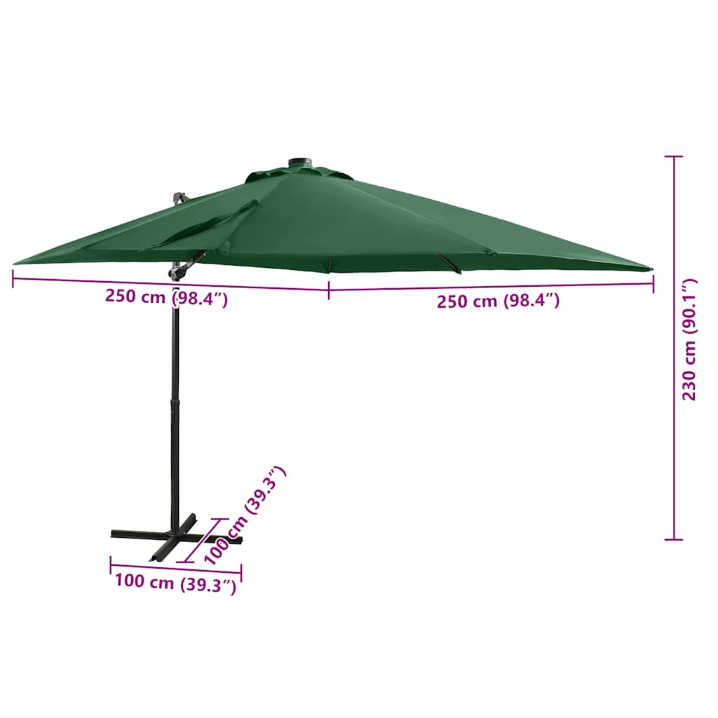 Umbrelă în consolă cu stâlp și LED-uri, verde, 250 cm