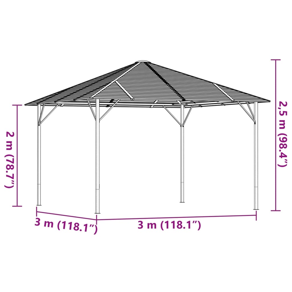 Foișor cu pereți laterali și acoperiș, antracit, 3x3 m