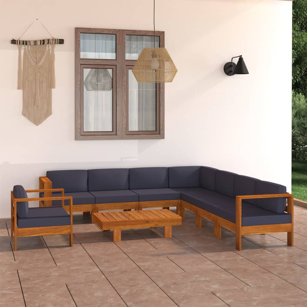 Set mobilier grădină perne gri închis, 9 piese, lemn acacia