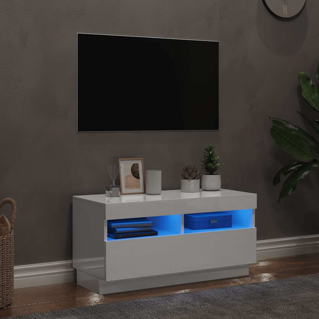 Comodă TV cu lumini LED, alb extralucios, 80x35x40 cm
