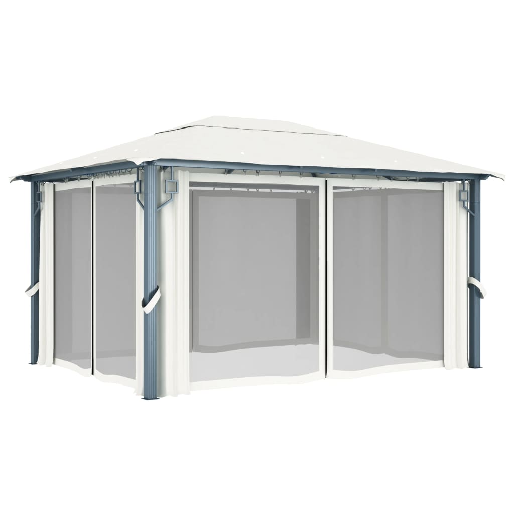 Pavilion cu perdele & șiruri lumini LED, crem, 4x3 m, aluminiu