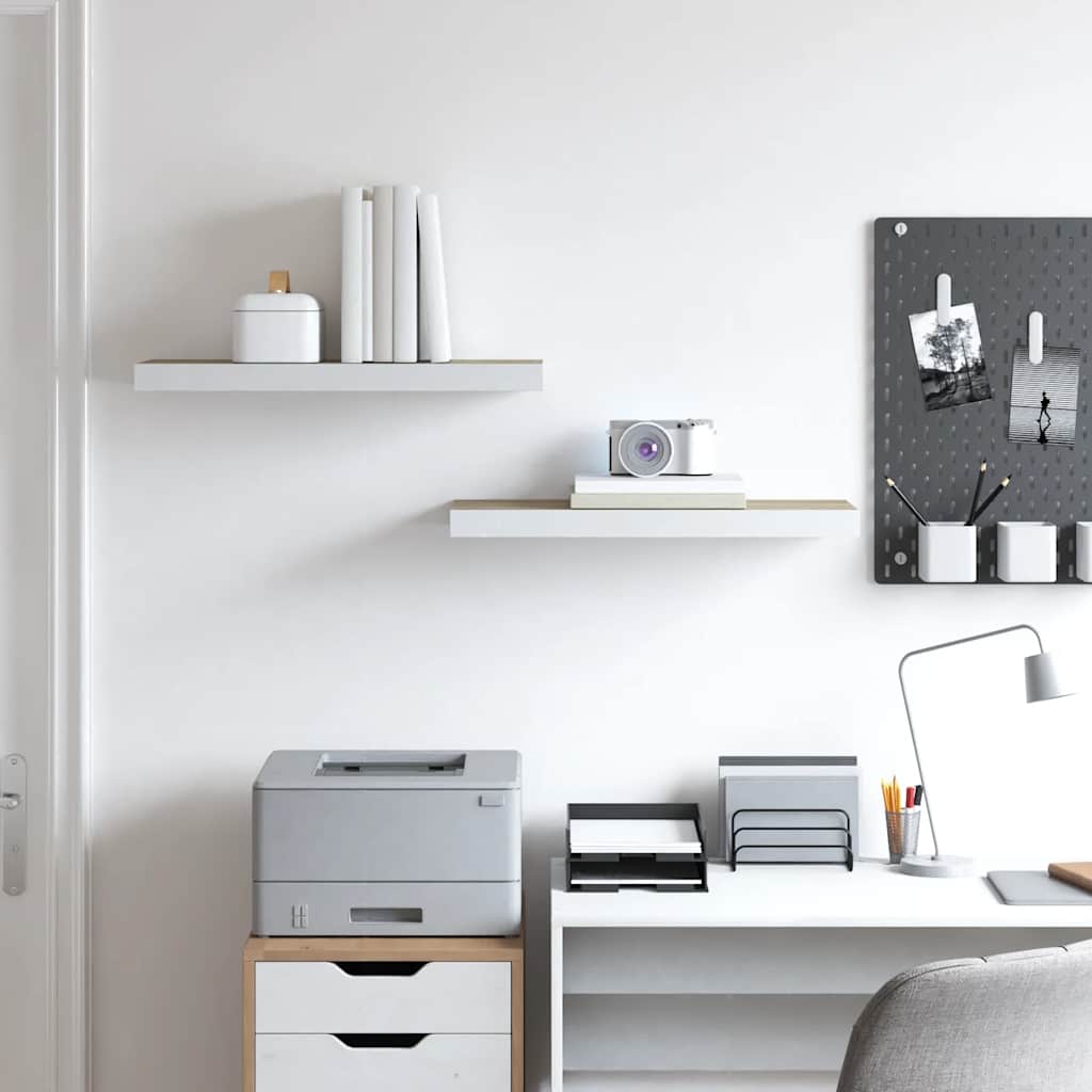 Rafturi perete suspendate 2 buc. alb/stejar 60x23,5x3,8 cm MDF